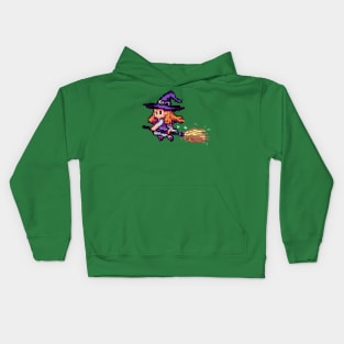 Little witch riding a broom, Pixel art Kids Hoodie